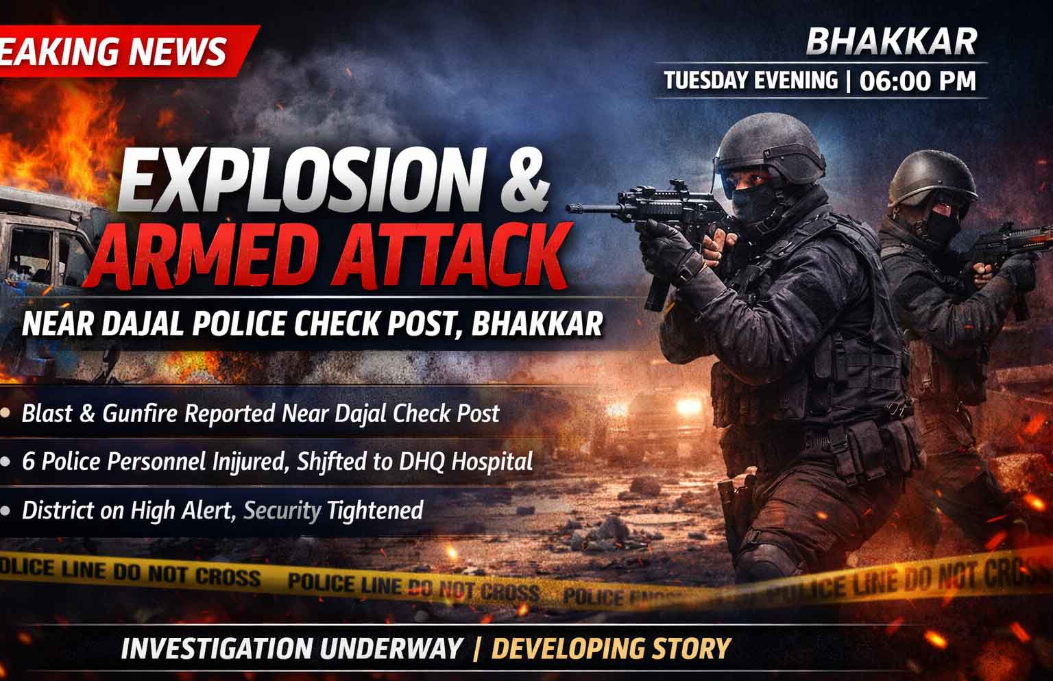 BHAKKAR: Explosion & Armed Attack Reported Near Dajal Police Check Post